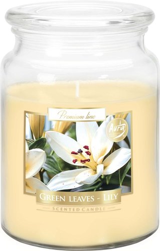 Svíčka vonná - sklo s pokl. 500 g, zelené listy + lilie